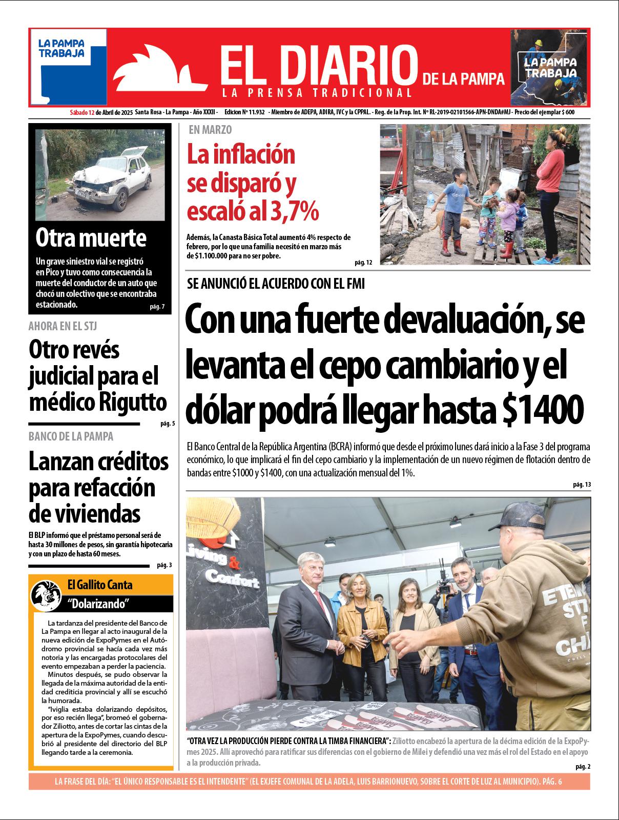 Tapa de El Diario en papel  saacutebado 12 de abril de 2025